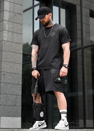 Летний комплект stone island aura черный мужской футболка и шорты софт