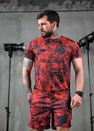 Летний комплект мужской stone island x new balance красный лн2680, футболка и шорты, coolmax xl