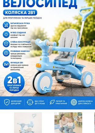Блакитний триколісний велосипед baby carriage 588 / велосипед з батьківською ручкою та кошиком / велосипед-коляска