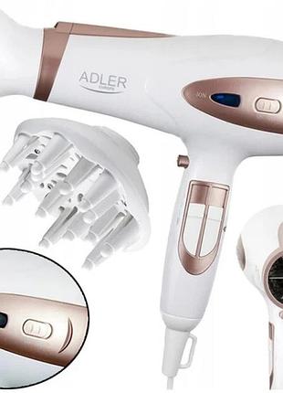 Электрический фен для волос adler ad-2248 white 2400 вт для укладки и сушки с насадками с ионизацией ik-71