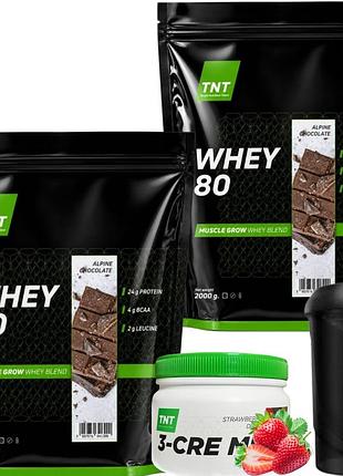 Whey protein 80% білка для швидкого набору м’язової маси (4 кг/2 упаковки) + креатин для приросту та зміцнення м’язів + шейкер