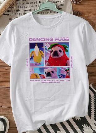 Футболка біла з принтом «dancing pugs» розмір м. мемні принти. футболки для жінок та чоловіків.