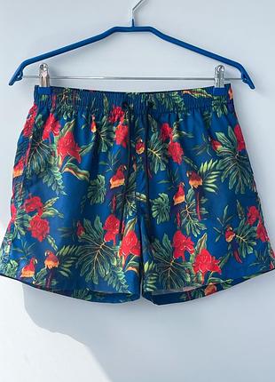 🌴 яскраві пляжні шорти zara man з тропічним принтом (папуги та квіти)