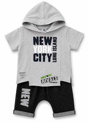 Детский летний костюм с капюшоном для мальчика футболка и шорты new york grand roi, серый с черным, размер 6-9 месяцев 80