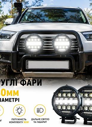 Комплект круглых led фар 180 мм (2 шт) 90w с четкой световой гранью, дальним светом и дхо, 12-24v (16×18×6 см).