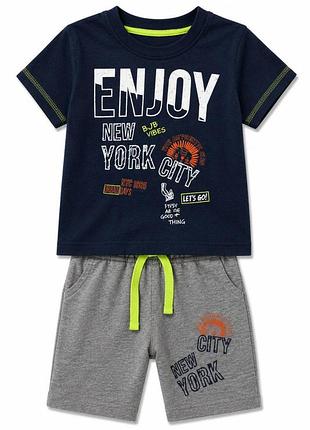 Детский летний костюм для мальчика футболка и шорты enjoy new york, синий с серым, размер 80см. 12мес