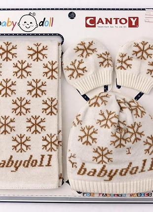 Детский комплект cantoy babydoll (шапка+шарфик), бежевый со снежинками. 0–12 месяцев (обхват головы 40–46 см)