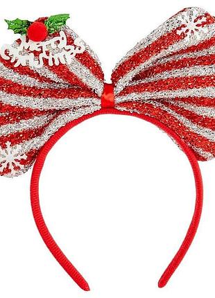 Новогодний обруч для волос с большим бантом в пайетках, красно-белый «merry christmas»