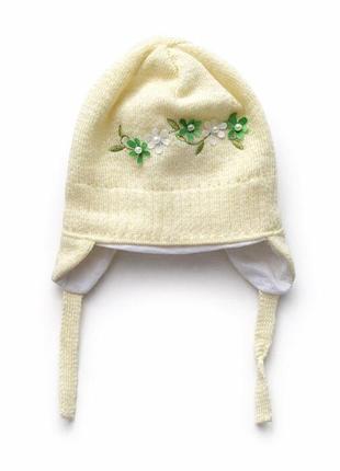 «дитяча демісезонна шапка на зав'язках для дівчинки, світло-жовта, з підкладкою та об'ємними квітами»р 36-40