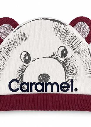 Дитяча трикотажна шапка caramell з вушками та принтом ведмедик біло-червона розмір 50-56 (0-3 місяці)