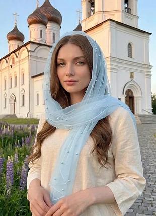 Елегантний фатиновий шарф з перлинами блакитний