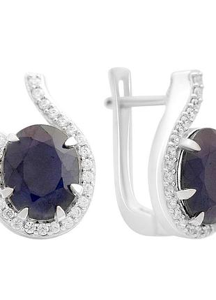 Серебряные серьги высокогокачества с натуральным сапфиром 7.667ct, фианитами, родированием, англ. застежкой