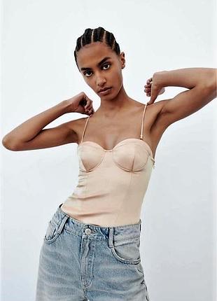 Жіночий корсетний боді zara satin effect bustier corset bodysuit beige,м