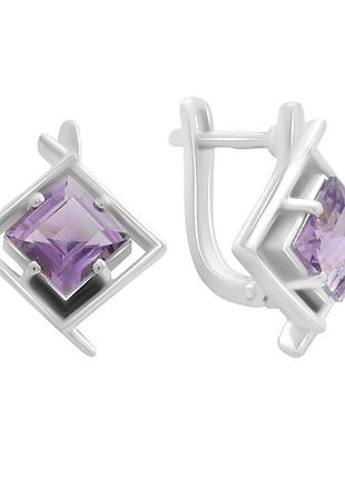 Серьги серебряные родированные с натуральным аметистом 2.942ct, фиолетовый, квадрат, проба 925