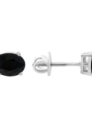 Срібні сережки-пусети з натуральним сапфіром 3.192ct, родовані, проба 925, овальний камінь