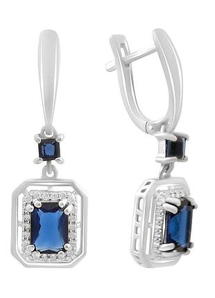 Серебряные родированные серьги 925 пробы с сапфиром nano 2.947ct и фианитами, английский замок