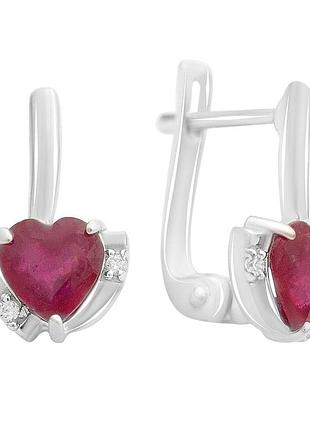 Серебряные серьги-подвески с натуральным рубином 2.118ct, проба 925, родированные, английский замок, сердце