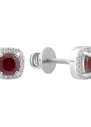 Срібні сережки-пусети високоїякості з натуральним рубіном 1.655ct, фіанітами, родовані 925 проба