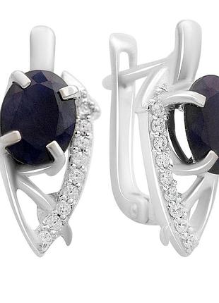 Серьги серебряные родированные с натуральным сапфиром 3.253ct, проба 925, английский замок