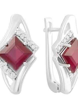 Серьги серебряные 925 пробы с натуральным рубином 2.633ct, фианитами, родированные, английский замок