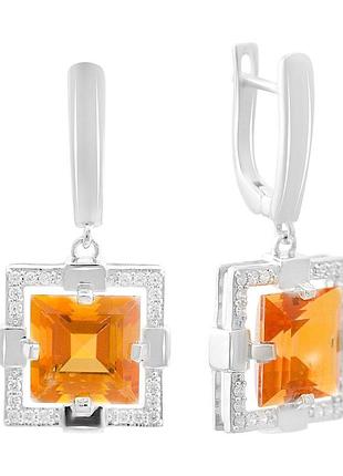 Сережки-підвіски срібні 925 проби з натуральним золотим кварцом 9.713ct, фіанітами, родовані, з англійською застібкою