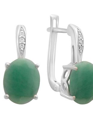 Серьги серебряные родированные 925 проба с натуральным изумрудом 4.782ct и фианитами, английская застежка