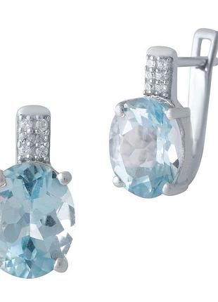 Срібні сережки з натуральним блакитним топазом 5.902ct, родовані, проба 925, англійський замок