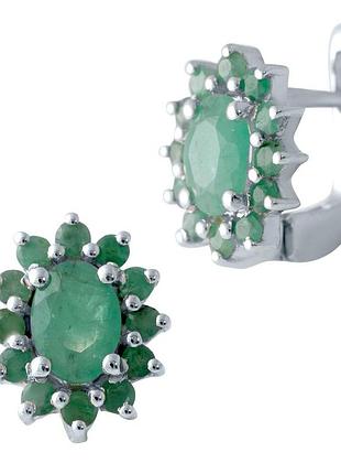 Серебряные серьги родированные 925 пробы с натуральным изумрудом 2.608ct, английская застежка, женские