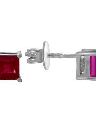 Серебряные серьги-гвоздики с натуральным рубином 2.02ct, 925 проба, родий