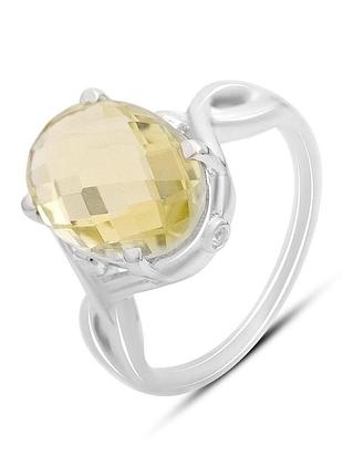 Серебряное кольцо с натуральным зеленым кварцем 4.895ct, фианитами, родированное, проба 925, размер 17.5