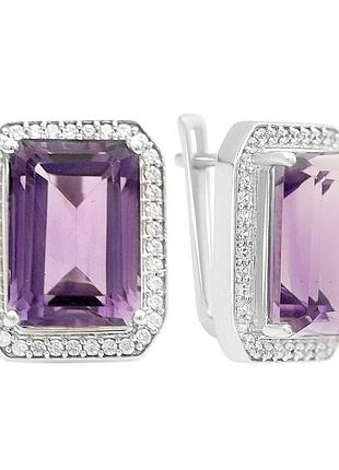Серебряные серьги с натуральным аметистом 16.49ct, родированные, 925 проба, английская застежка