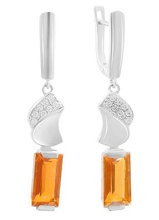 Срібні сережки-підвіски з золотим кварцом 5.58ct, фіанітами, родовані, проба 925