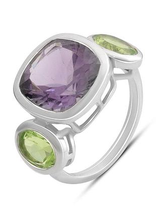 Кільце срібне родоване з натуральним аметистом та хризолітом, 925 проба, вага 5.58 гр, розмір 17.5