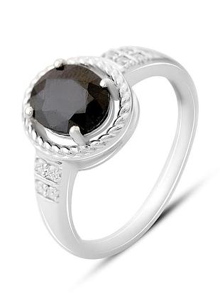 Срібне кільце з натуральним сапфіром 2.602ct та фіанітами, родоване, проба 925, розмір 17, вага 3.42 гр