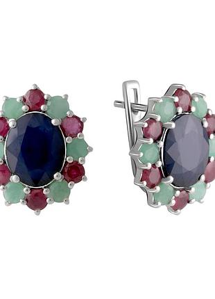 Серьги серебряные 925 пробы родированные с натуральным сапфиром 11.277ct, изумрудом и рубином, английский замок