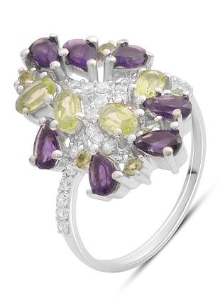 Срібне родоване кільце 925 проби з натуральним аметистом 3.211ct та хризолітом, розмір 17, вага 4.3г