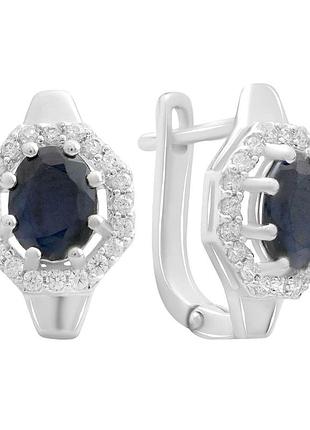 Серьги серебряные родированные 925 проба с натуральным сапфиром 4.21ct и фианитами, английский замок