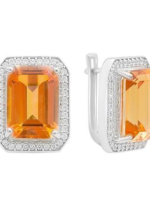 Срібні сережки 925 проби з натуральним золотим кварцом 18.54ct, фіанітами, родовані, англійська застібка