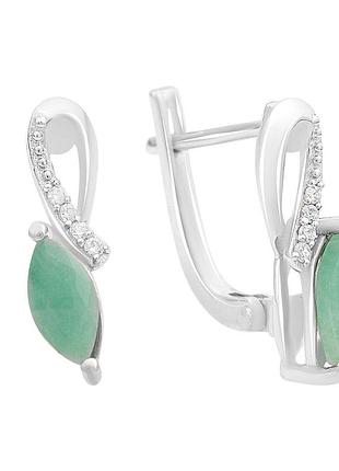 Серьги серебряные 925 с натуральным изумрудом 1.189ct и фианитами, родированные, английский замок