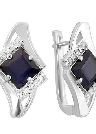 Сережки срібні родовані з натуральним сапфіром 4.25ct та фіанітами, проба 925, англійська застібка