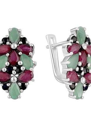 Серебряные родированные серьги 925 пробы с натуральным сапфиром 6.029ct, рубинами, изумрудами