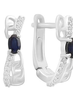 Срібні сережки з натуральним сапфіром 1.072ct та фіанітами, родовані, проба 925, англійська застібка, жіночі