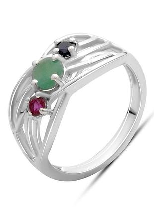 Кольцо серебряное 925 пробы с натуральным сапфиром 1.917ct, изумрудом, рубином, родированное, женское, размер 17.5