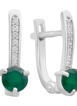 Срібні сережки з натуральним зеленим агатом 1.069ct, родовані, проба 925, англійська застібка (арт. 2189619)