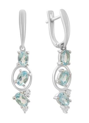 Срібні сережки-підвіски з натуральним топазом 3.367ct, родовані, проба 925, англійська застібка