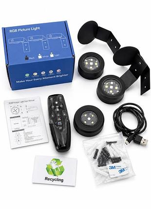 Rgb підсвітка для картин 3 шт з пультом дк, usb type-c, led світильники для картин та полиць, чорні