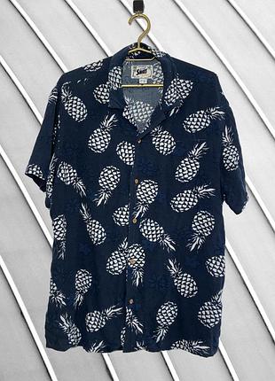Чоловіча гавайська сорочка pull & bear l xl оригінал пул енд бір синя літня пляжна з принтом ананаси натуральна легка 50