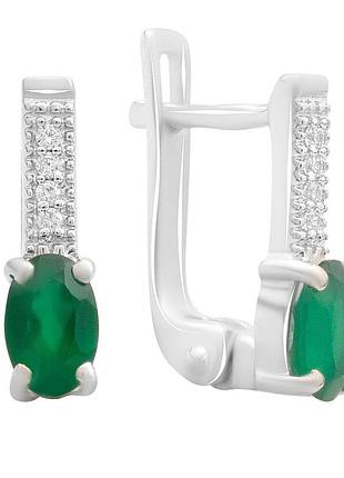 Сережки срібні 925 проби родовані з натуральним зеленим агатом 0.955ct, англійська застібка (модель 2188773)