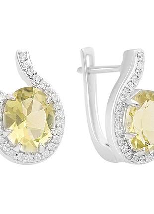 Серьги серебряные с натуральным зеленым кварцем 5.125ct и фианитами, родий, 925 проба