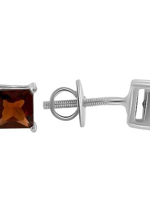 Срібні сережки-пусети з натуральним гранатом 1.853ct, родовані, квадратний гранат, проба 925
